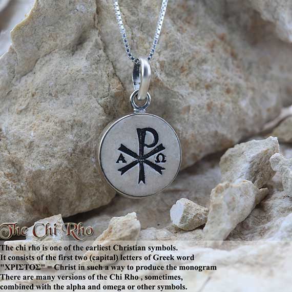 Chi rho on Jerusalem stone silver necklace pendant