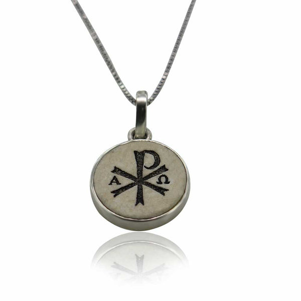 Chi rho on Jerusalem stone silver necklace pendant