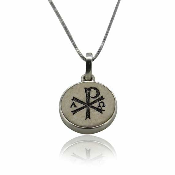 Chi rho on Jerusalem stone silver necklace pendant