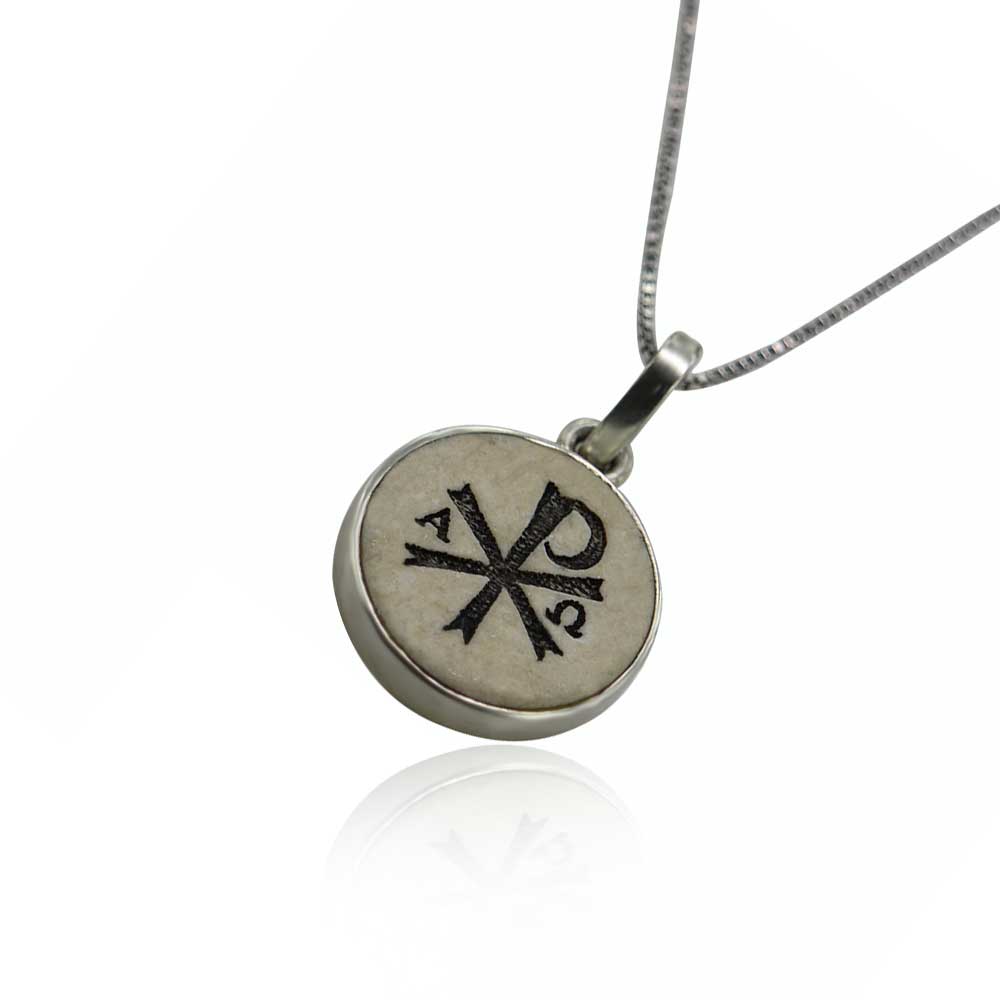 Chi rho on Jerusalem stone silver necklace pendant