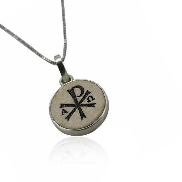 Chi rho on Jerusalem stone silver necklace pendant