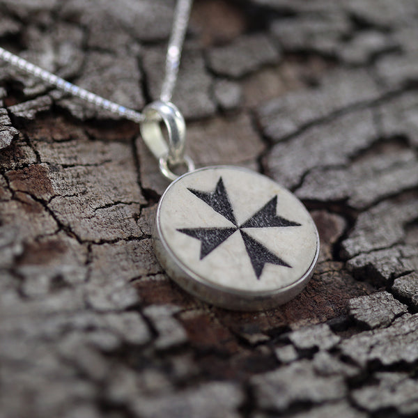 Maltese cross (Malta cross)  on Jerusalem stone silver necklace pendant