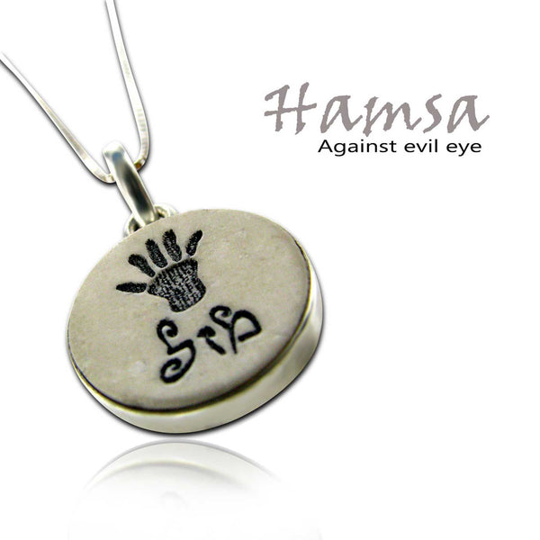 Hamsa Pendant & Luck (In Hebrew : מזל) on Jerusalem stone silver necklace pendant
