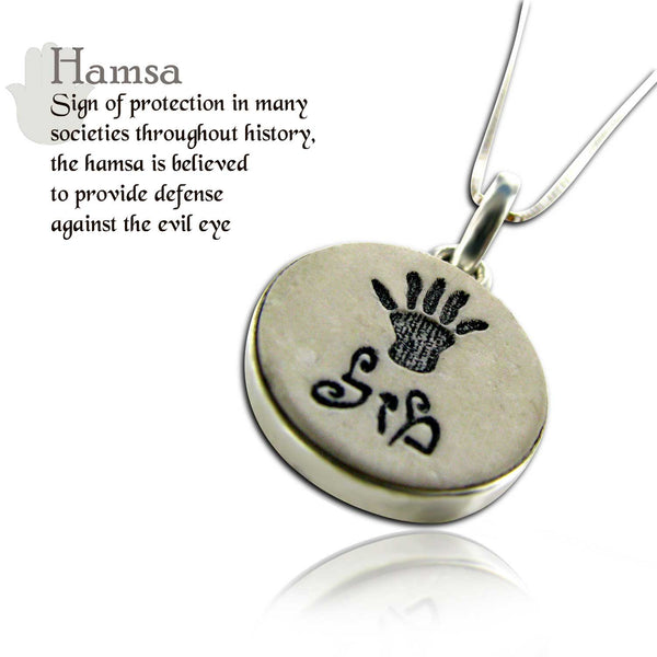 Hamsa Pendant & Luck (In Hebrew : מזל) on Jerusalem stone silver necklace pendant