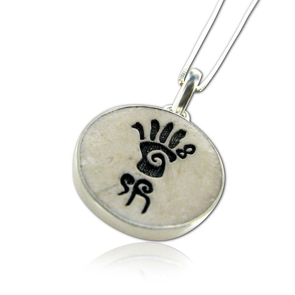 Hamsa  & Hebrew word  "Life" =  חי (CHAI) on Jerusalem stone silver necklace pendant