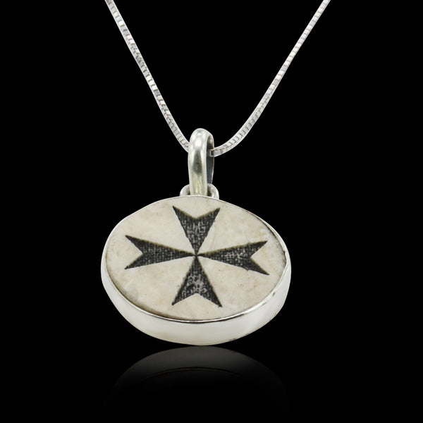 Maltese cross (Malta cross)  on Jerusalem stone silver necklace pendant