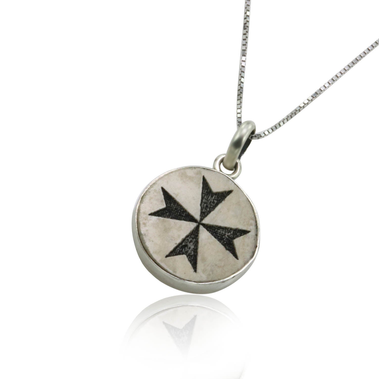Maltese cross (Malta cross)  on Jerusalem stone silver necklace pendant