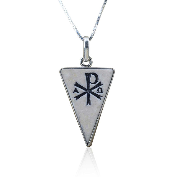 Triangular Chi rho on Jerusalem stone silver necklace pendant