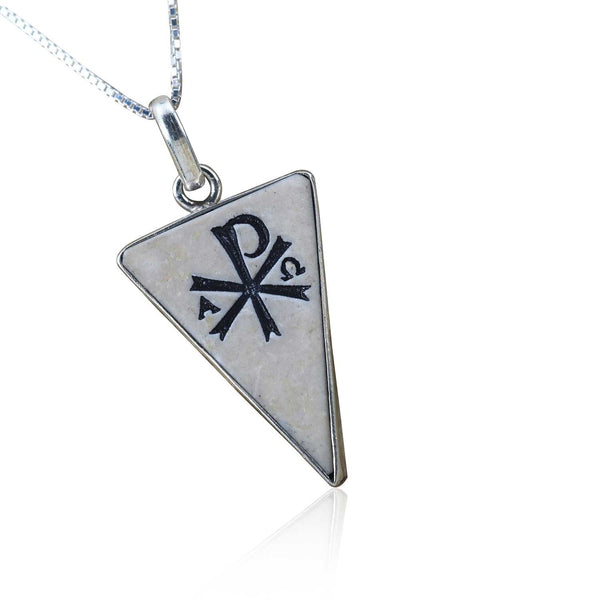 Triangular Chi rho on Jerusalem stone silver necklace pendant