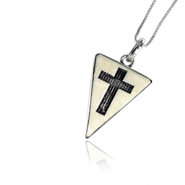 Triangular Latin Cross on Jerusalem stone silver pendant