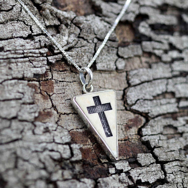 Triangular Latin Cross on Jerusalem stone silver pendant