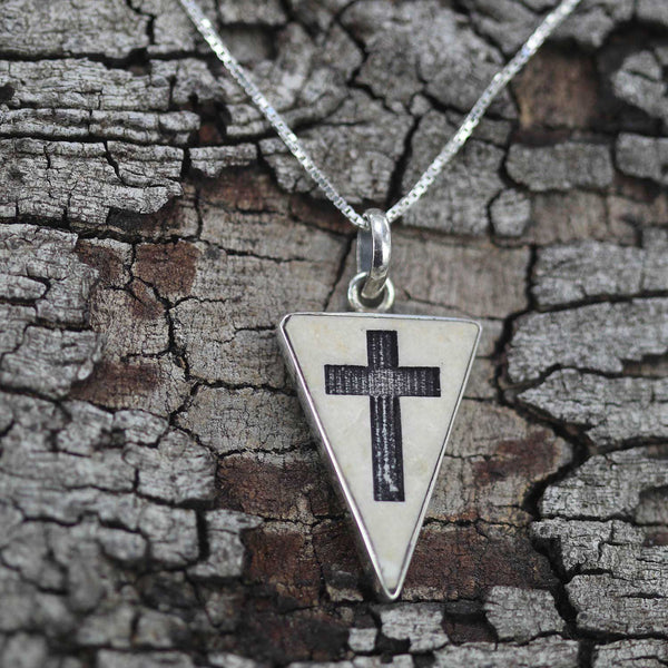 Triangular Latin Cross on Jerusalem stone silver pendant